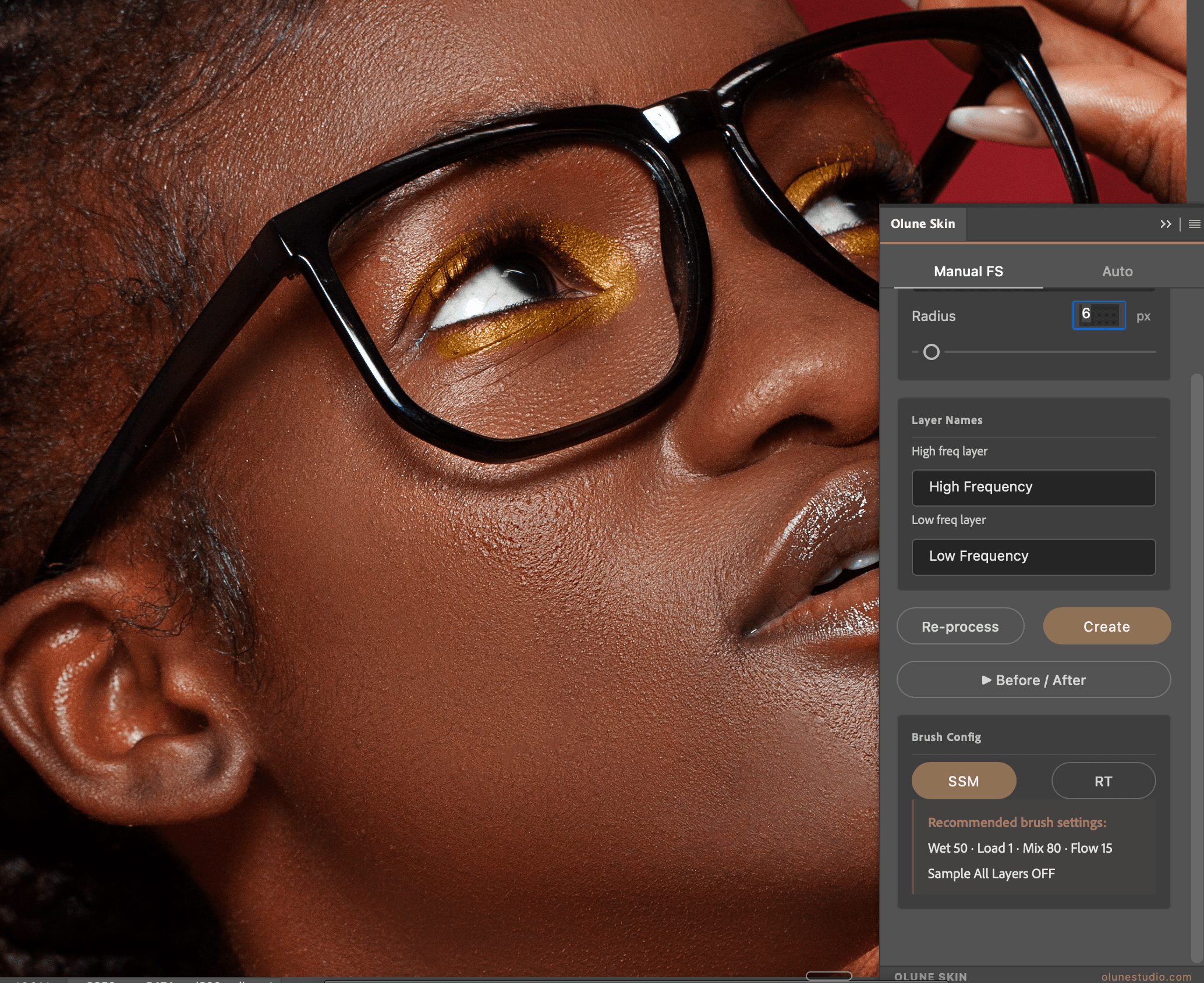 High-resolution close-up of skin retouched with Olune Skin — Manual FS panel open showing recommended brush settings (Wet 50 · Load 1 · Mix 80 · Flow 15)